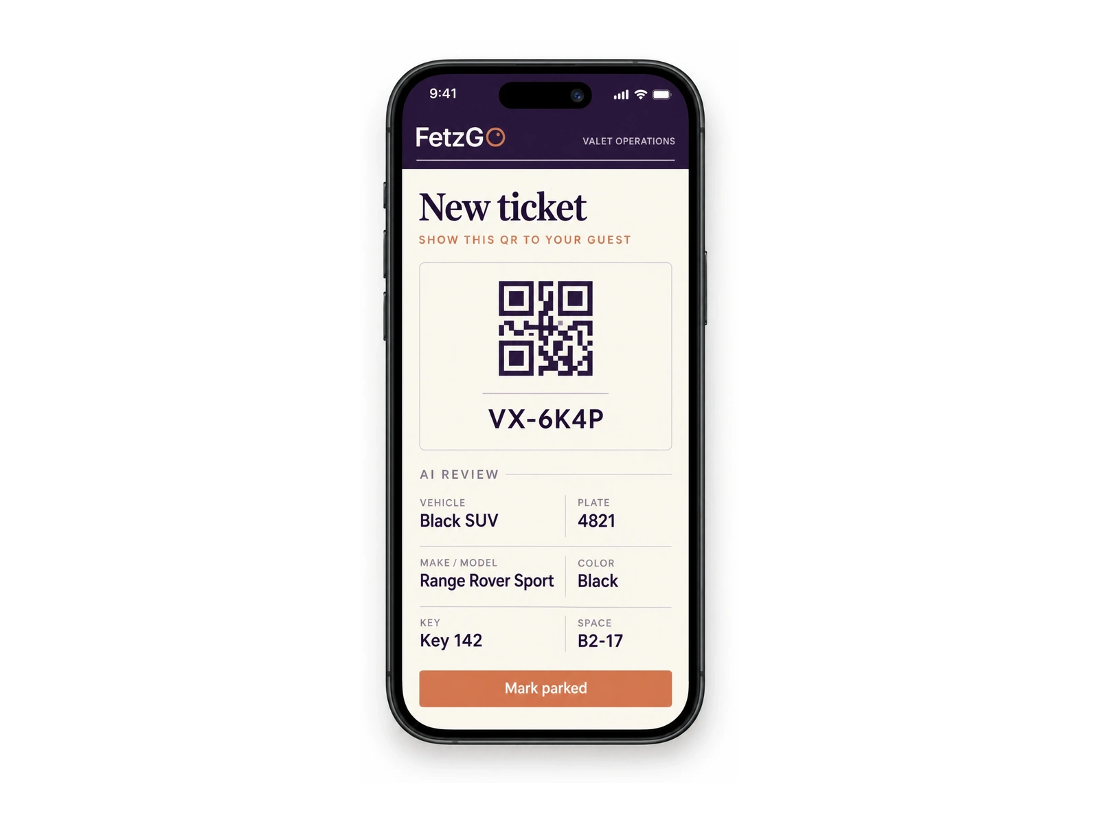 FetzGO valet operations interface shown on a phone