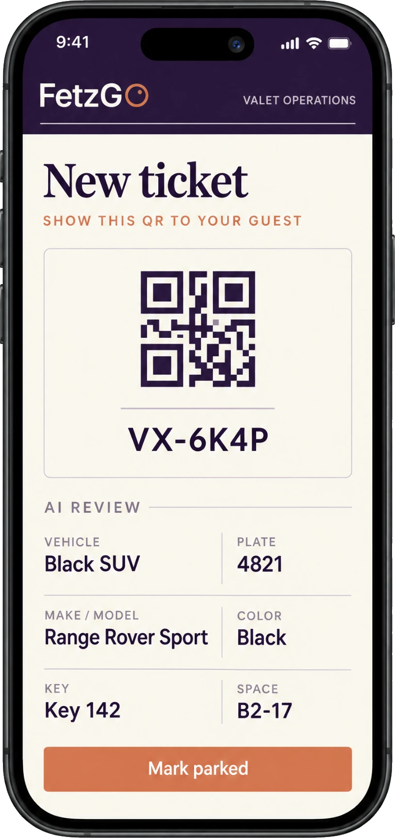 FetzGO valet operations QR ticket on a phone